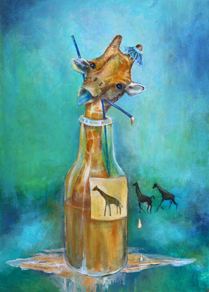 Giraffe in drinkflesje als wanddecoratie van Twinkelschilderijen.