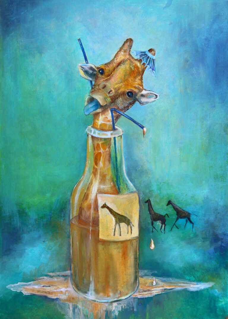 Giraffe in drinkflesje als wanddecoratie van Twinkelschilderijen.