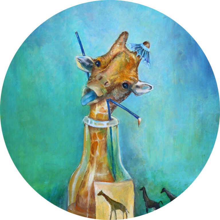 Giraffe in drinkflesje als wanddecoratie van Twinkelschilderijen.