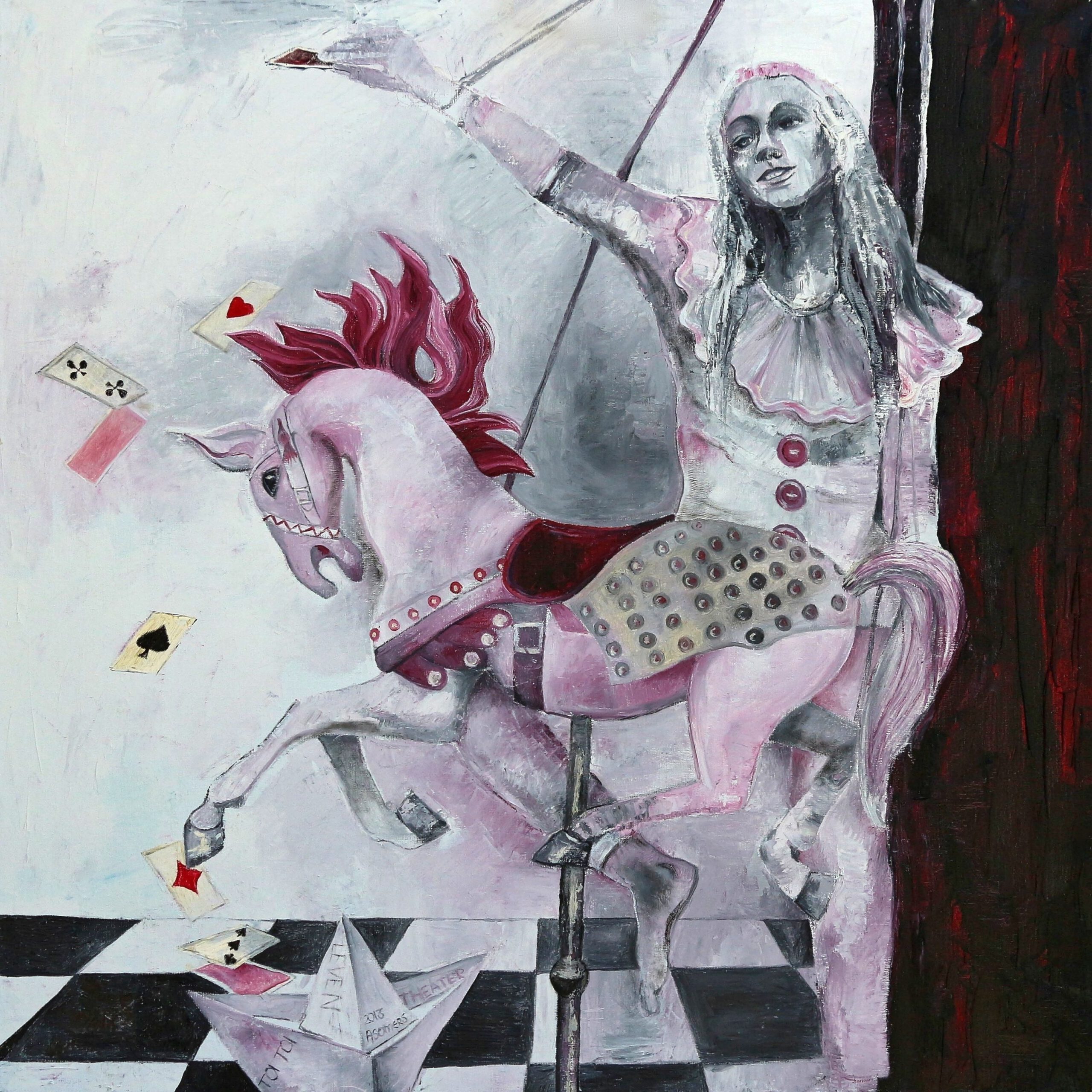 Draaimolendans is een schilderij met een marionet en draaimolenpaard een prachtige wanddecoratie.