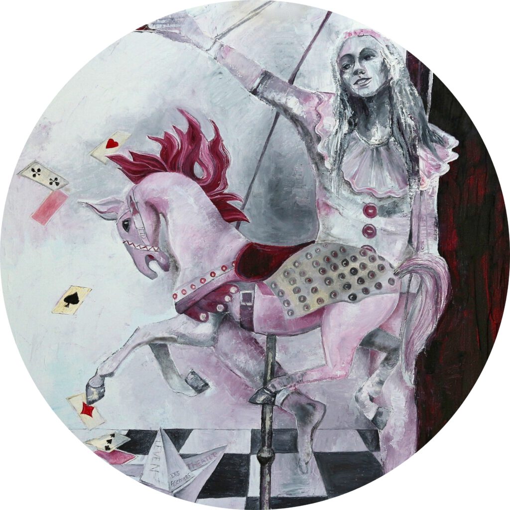 Draaimolendans is een schilderij met een marionet en draaimolenpaard een prachtige wanddecoratie.