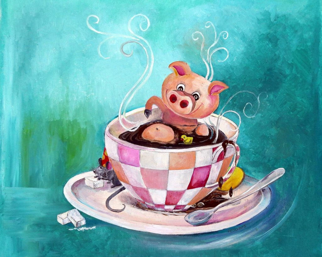 Varkentje in een kopje koffie is een vrolijke wanddecoratie van Twinkelschilderijen.