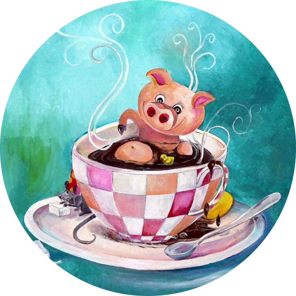 Varkentje in een kopje koffie is een vrolijke wanddecoratie van Twinkelschilderijen.