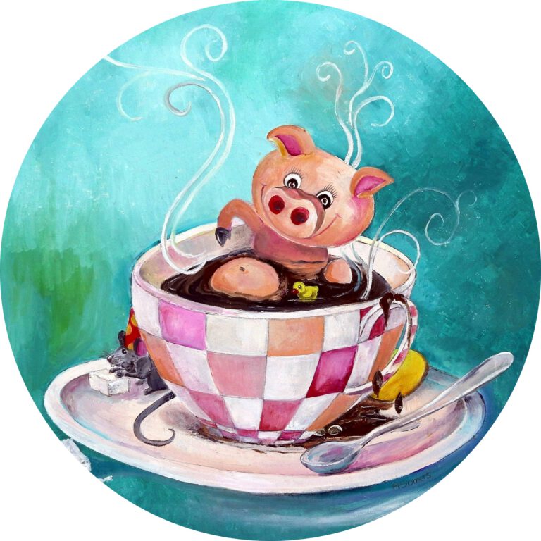 Varkentje in een kopje koffie is een vrolijke wanddecoratie van Twinkelschilderijen.