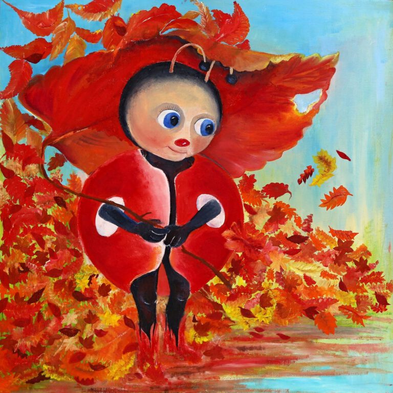 Een lieveheersbeestje schuilt onder een herfstbad een wanddecoratie van Twinkelschilderijen. Voor de kinderkamer.