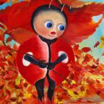 Een lieveheersbeestje schuilt onder een herfstbad een wanddecoratie van Twinkelschilderijen. Voor de kinderkamer.