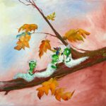 3 Rupsen op een herfsttak met muziekinstrumenten een decoratieve wanddecoratie van Twinkelschilderijen