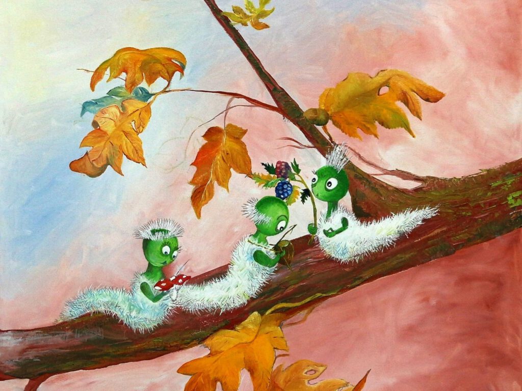 3 Rupsen op een herfsttak met muziekinstrumenten een decoratieve wanddecoratie van Twinkelschilderijen