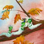 3 Rupsen op een herfsttak met muziekinstrumenten een decoratieve wanddecoratie van Twinkelschilderijen