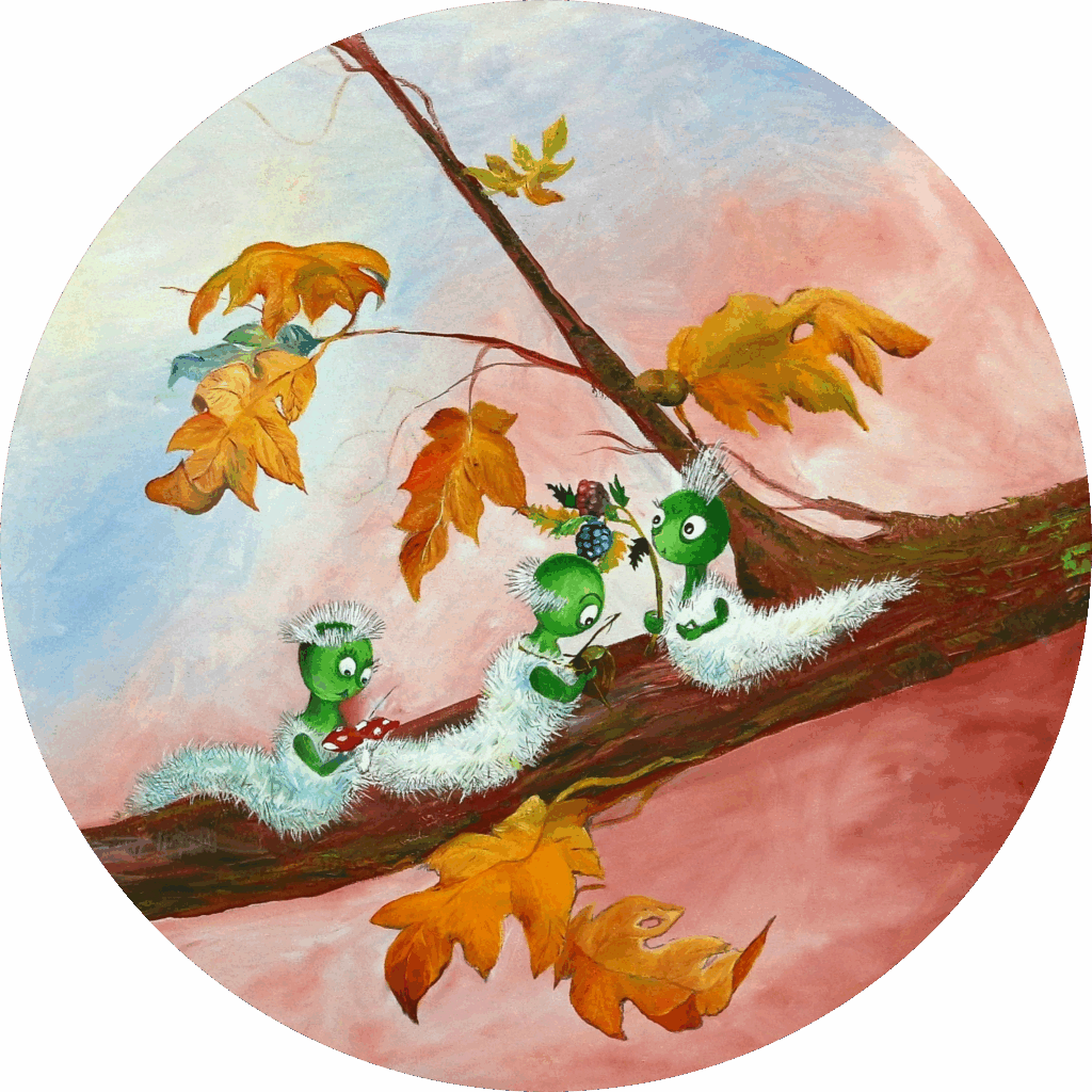 3 Rupsen op een herfsttak met muziekinstrumenten een decoratieve wanddecoratie van Twinkelschilderijen