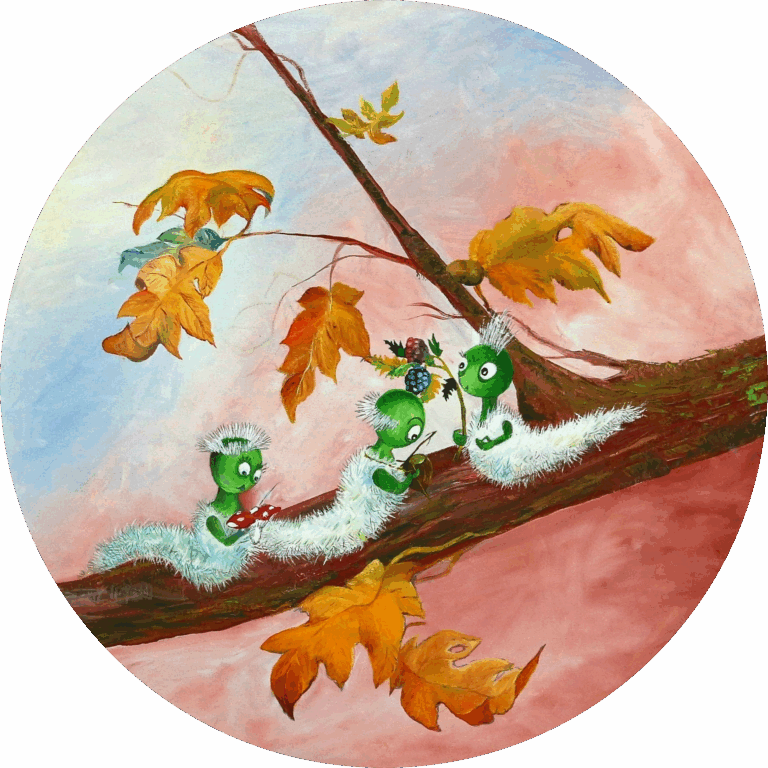 3 Rupsen op een herfsttak met muziekinstrumenten een decoratieve wanddecoratie van Twinkelschilderijen