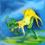 Een vrolijk Twinkelschilderij van een dienaar die een diepe buiging maakt. leuk voor je interieur of kinderkamer.