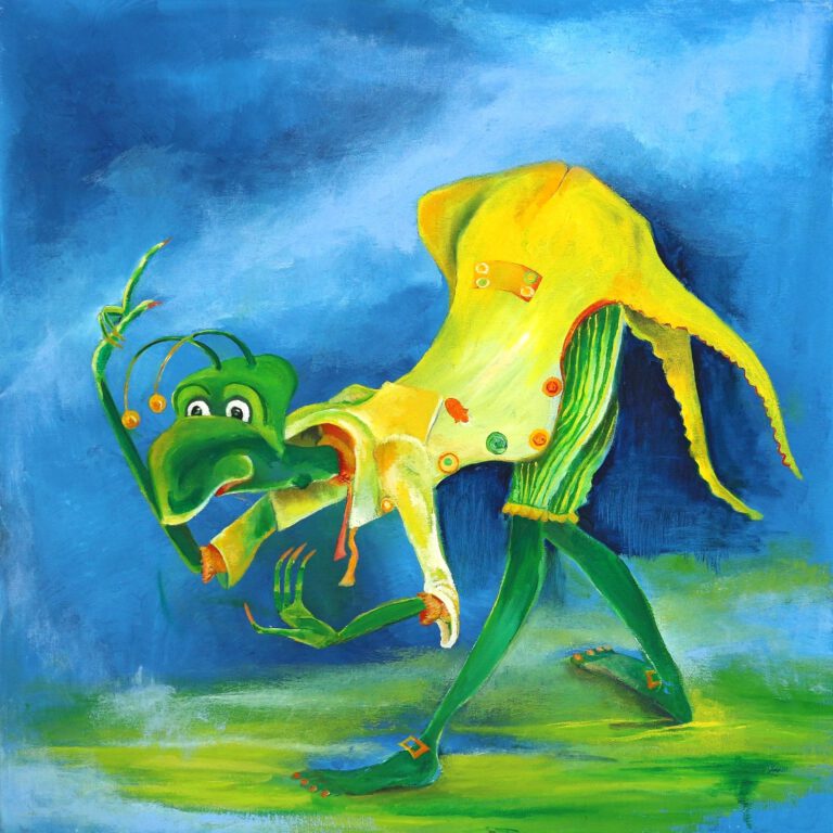 Een vrolijk Twinkelschilderij van een dienaar die een diepe buiging maakt. leuk voor je interieur of kinderkamer.