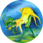 Een vrolijk Twinkelschilderij van een dienaar die een diepe buiging maakt. leuk voor je interie