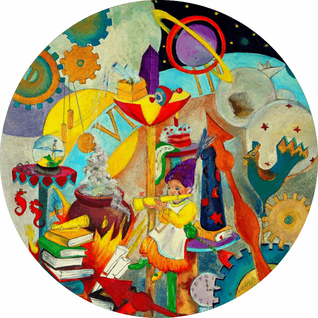 Een surrealistische wandcirkel van Moedertje Tijd. Een oma tussen wijzerplaten en radars.