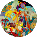 Een surrealistische wandcirkel van Moedertje Tijd. Een oma tussen wijzerplaten en radars.