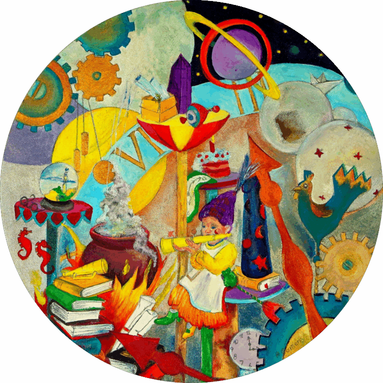 Een surrealistische wandcirkel van Moedertje Tijd. Een oma tussen wijzerplaten en radars.