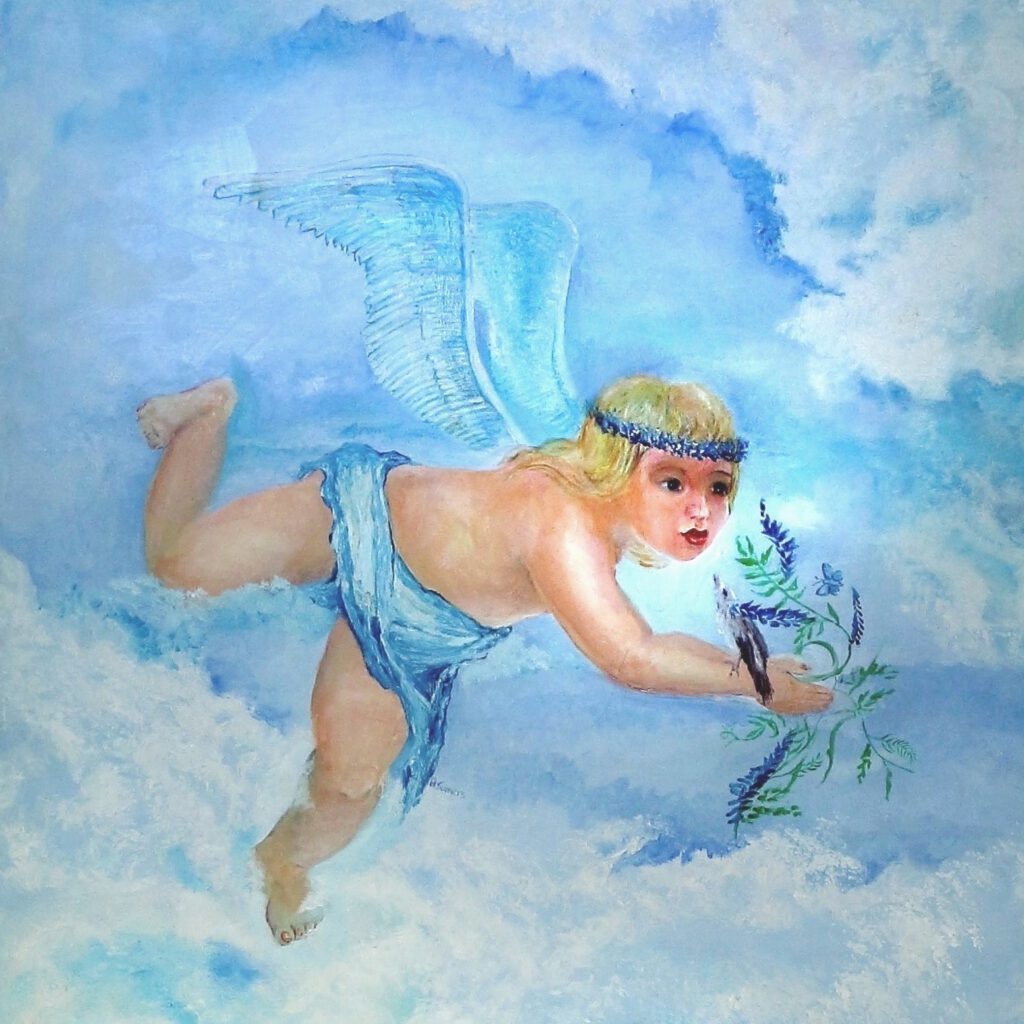 Engel Vera als wanddecoratie van Twinkelschilderijen. Het kinderschilderij staat mooi in baby- of kinderkamer.