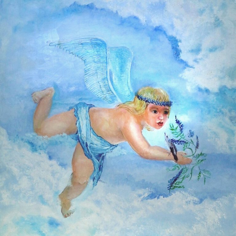 Engel Vera als wanddecoratie van Twinkelschilderijen. Het kinderschilderij staat mooi in baby- of kinderkamer.