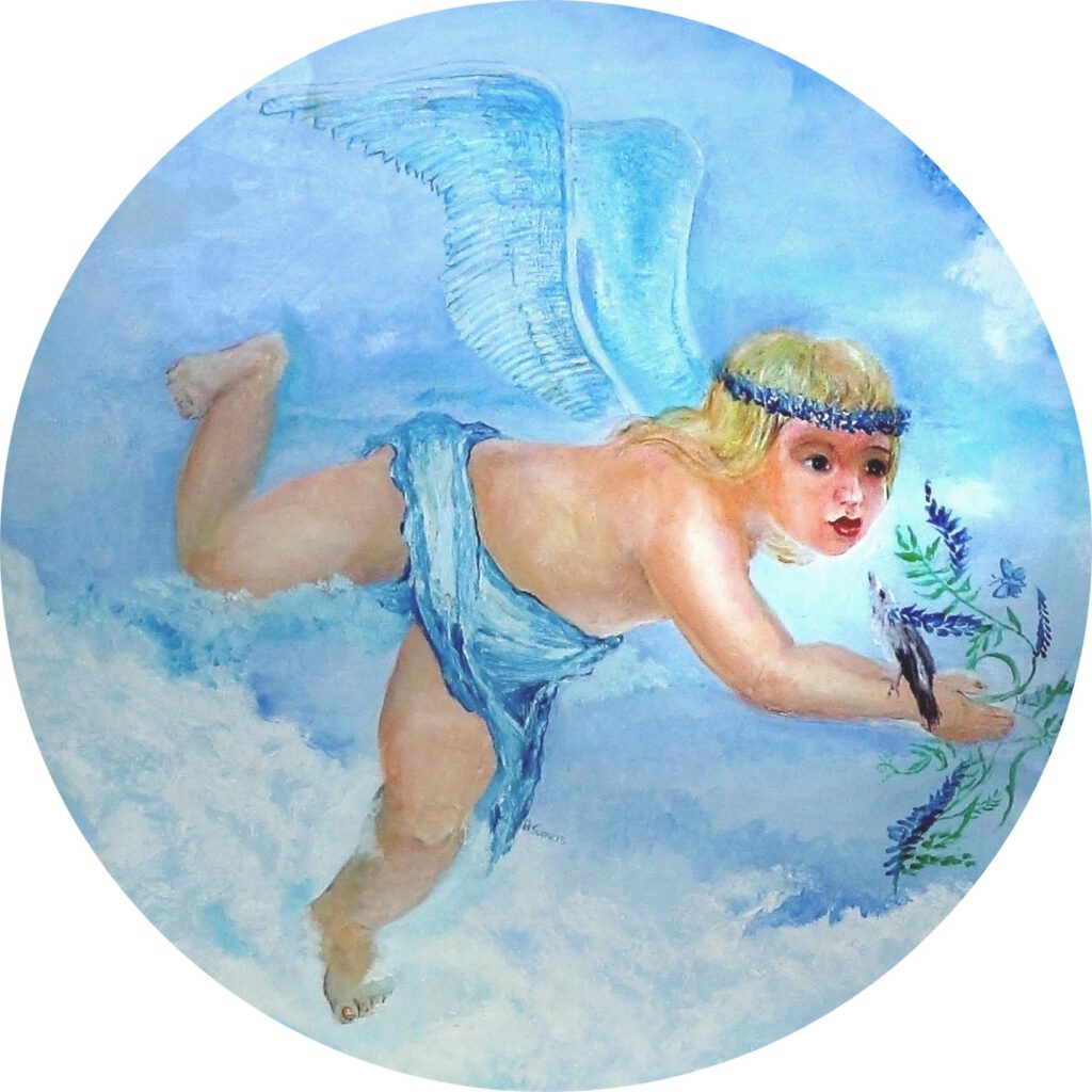 Engel Vera als wanddecoratie van Twinkelschilderijen. Het kinderschilderij staat mooi in baby- of kinderkamer.