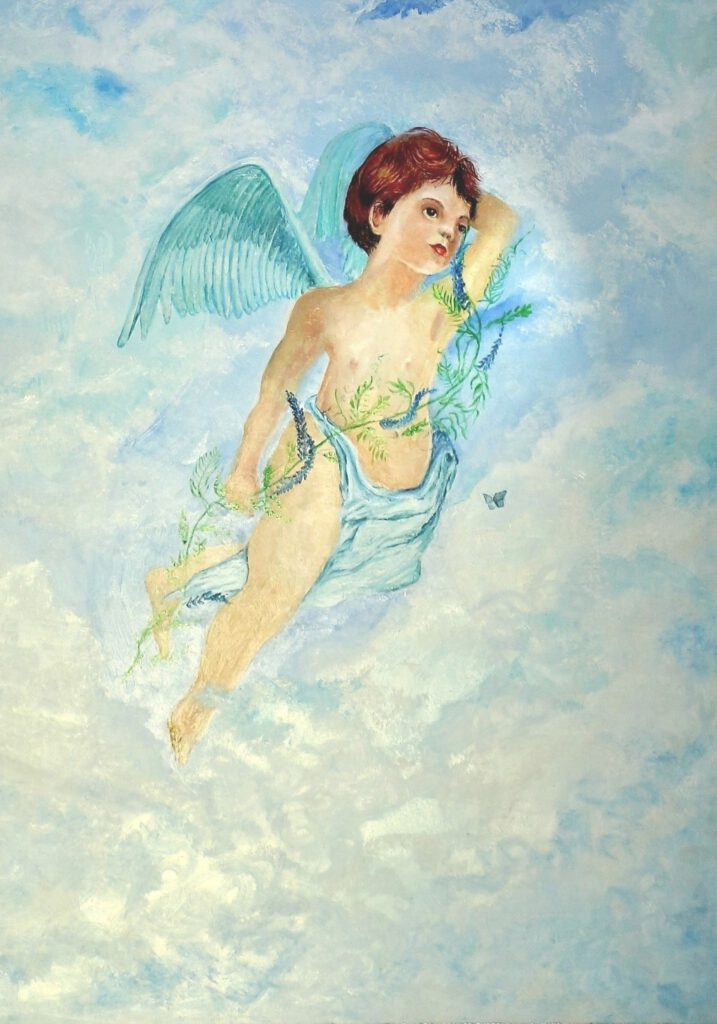 Engel Amora als wanddecoratie van Twinkelschilderijen. Een prachtig kinderschilderij voor baby-of kinderkamer.