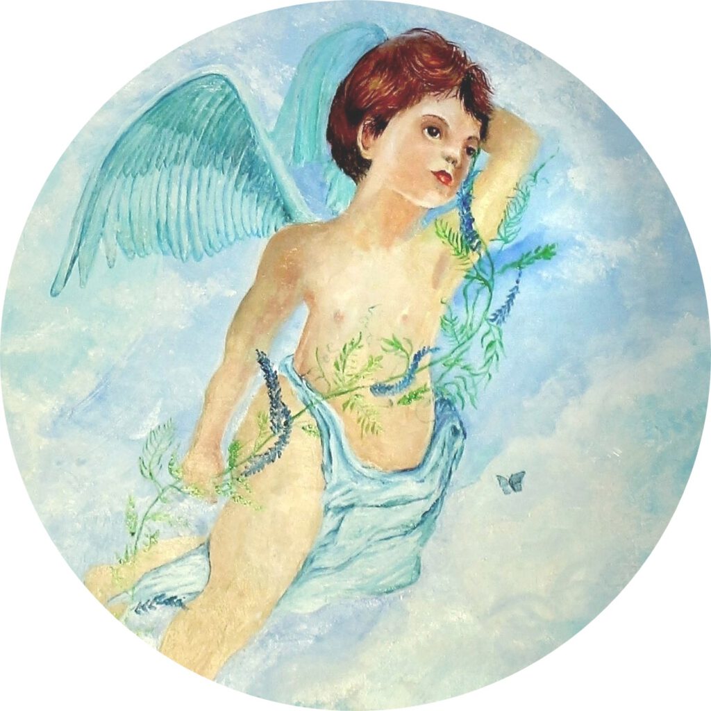 Engel Amora als wanddecoratie van Twinkelschilderijen. Een prachtig kinderschilderij voor baby-of kinderkamer.