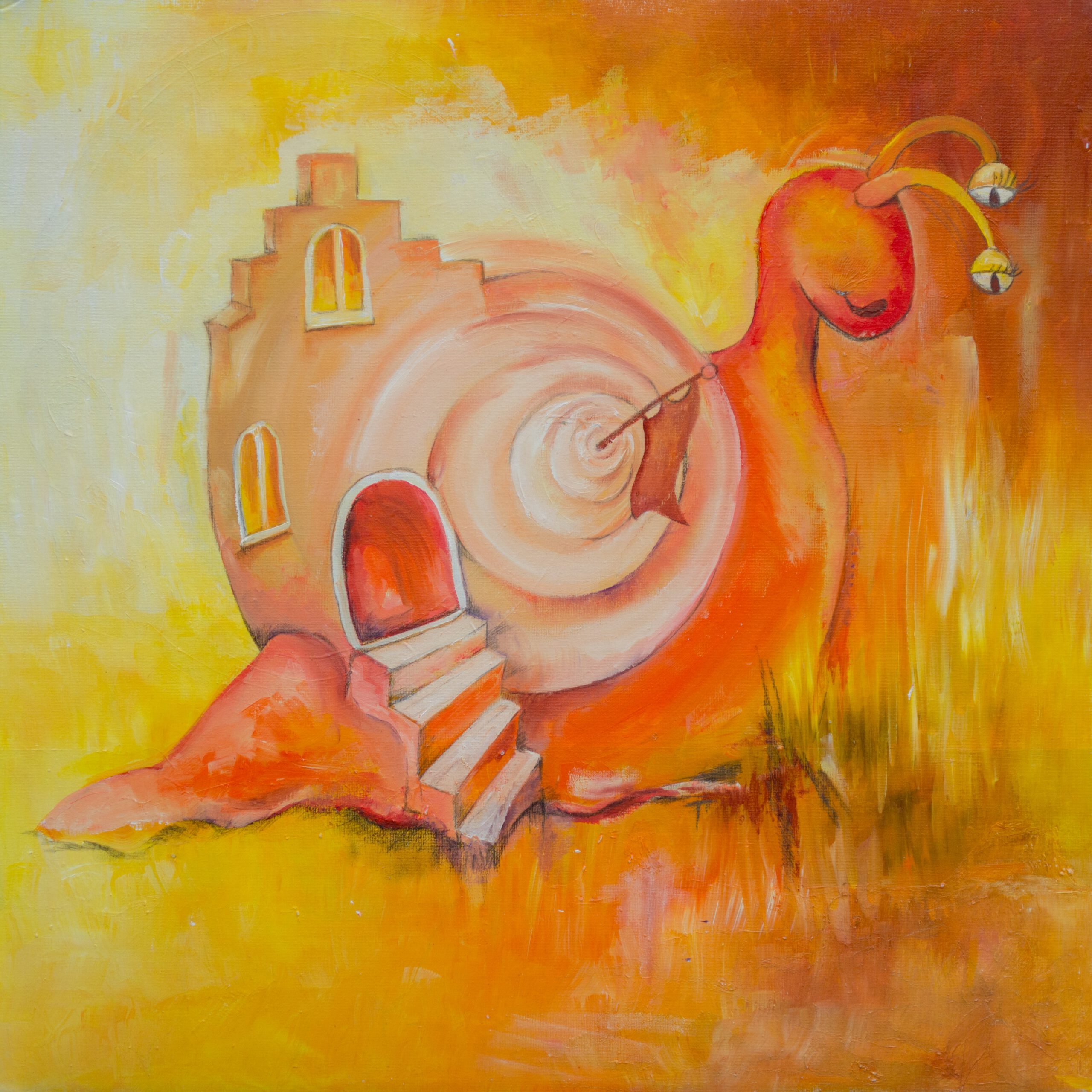 Een slak met een echt huisje op zijn rug. Een vrolijke wanddecoratie van Twinkelschilderijen.