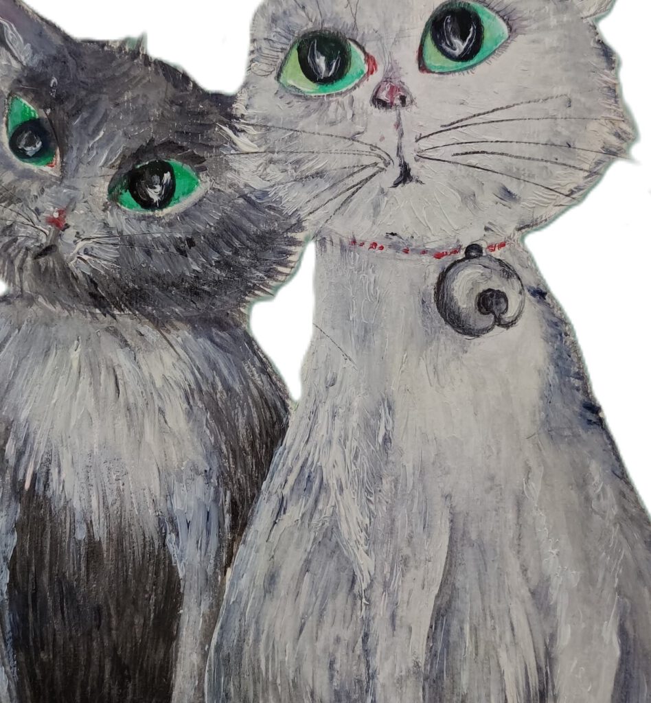 kinderkamer schilderij 2 grijze katjes groene ogen muurdecoratie babykamer katten