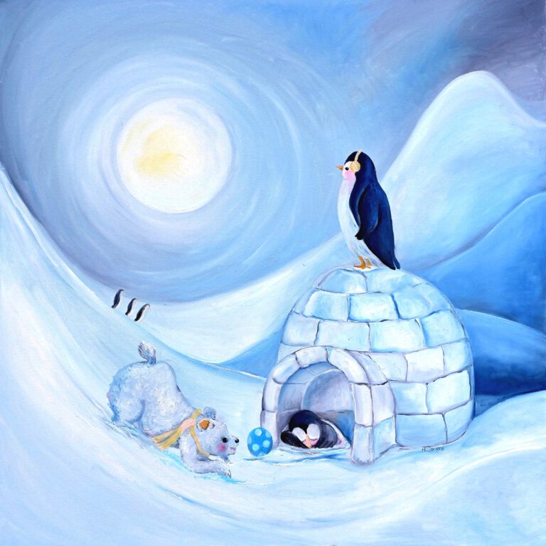 Winterlandschap kinderschilderij met ijsbeer die met een bal wil spelen, slapende pinguïn in een iglo en pinguïns in de sneeuw onder een zonnige hemel