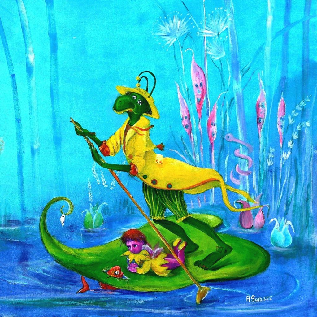 Kinderkamer decoratie van Twinkelschilderijen van een elfje drijvend op een lelieblad.