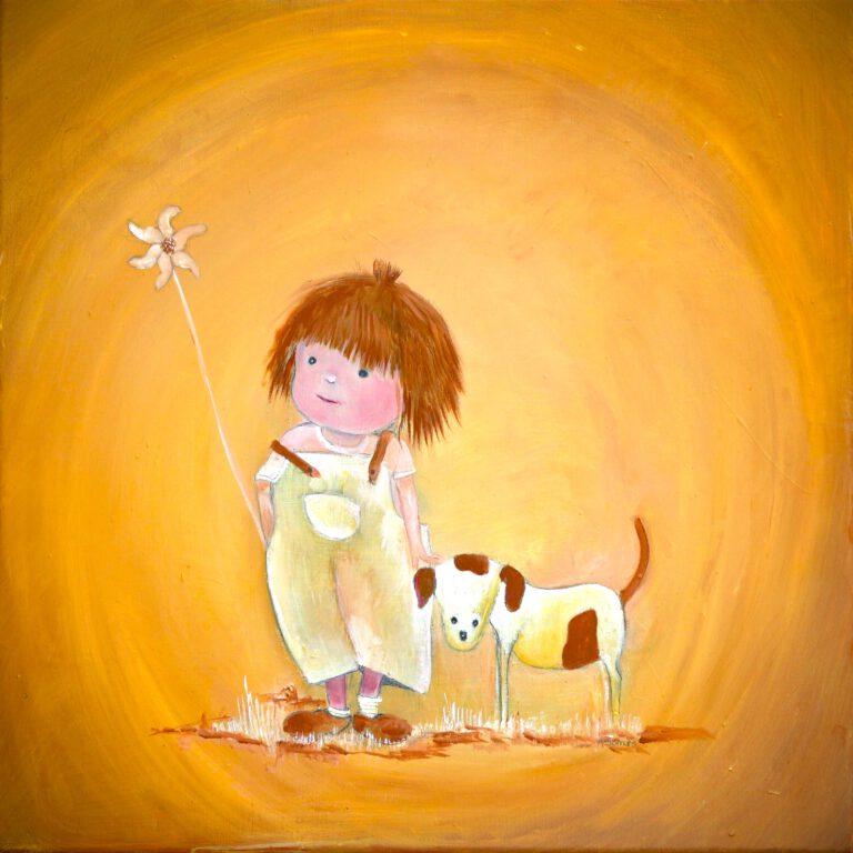 Een peutertje met hond is een schilderij voor de kinderkamer van Twinkelschilderijen.