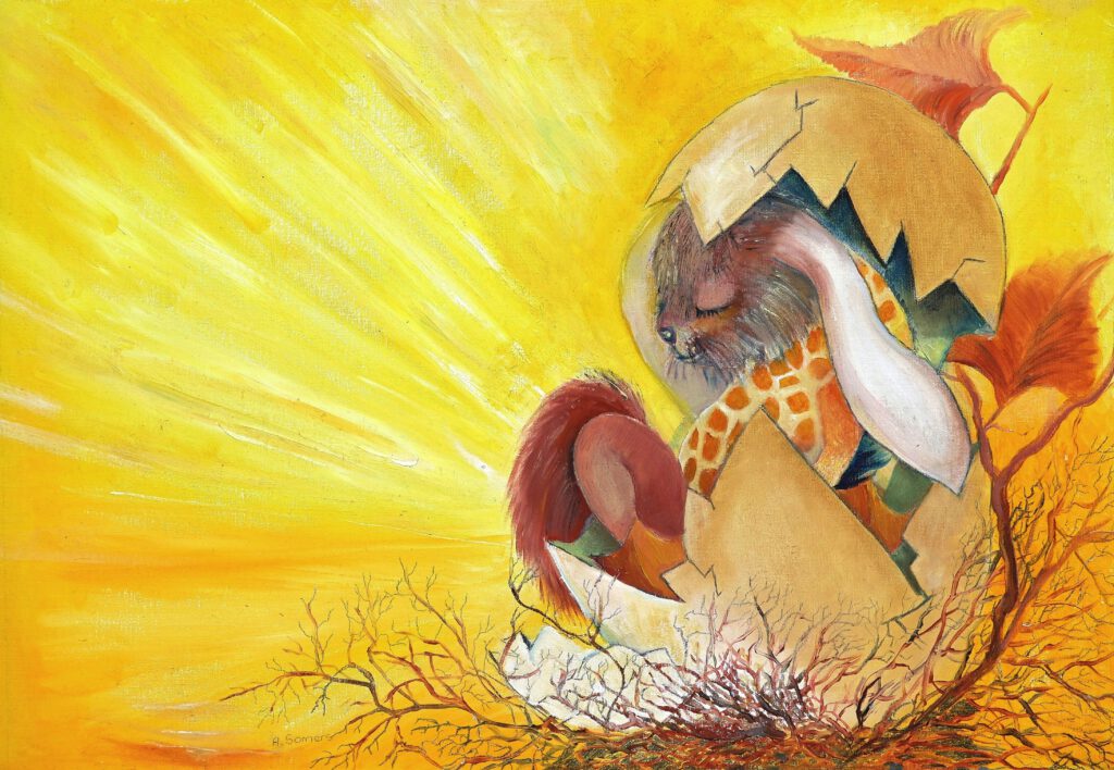 Konijntje Fabeltje met giraffe nek, zwemvliezen en eekhoornstaart dat uit een gebarsten ei komt in warme oranje en gele tinten