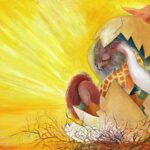 Konijntje Fabeltje met giraffe nek, zwemvliezen en eekhoornstaart dat uit een gebarsten ei komt in warme oranje en gele tinten