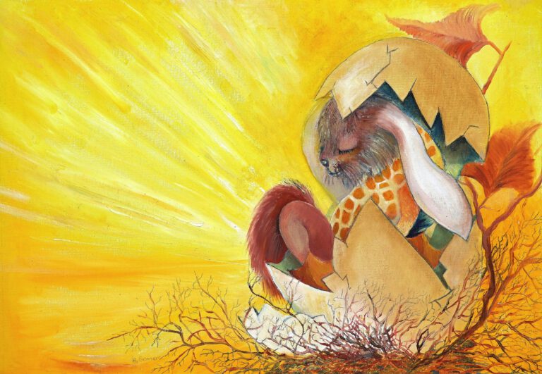 Konijntje Fabeltje met giraffe nek, zwemvliezen en eekhoornstaart dat uit een gebarsten ei komt in warme oranje en gele tinten