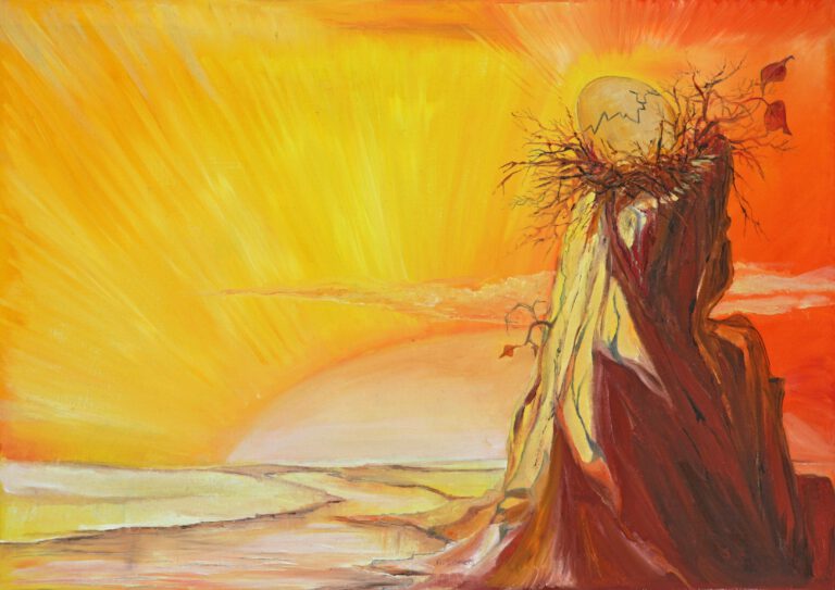 Gouden ei in een nest op een hoge berg met ondergaande zon en rivier in warm landschap