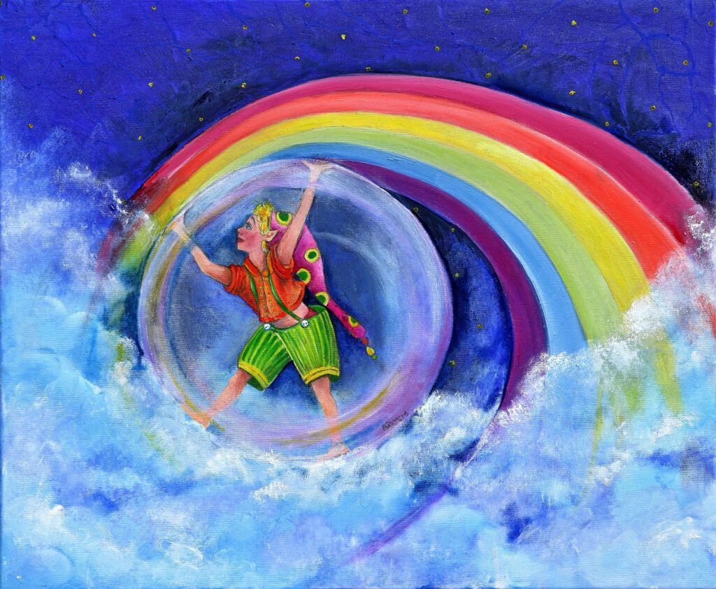 Alt-tekst Kabouter in kleurrijke kleding zwevend in een luchtbel boven wolken met een regenboog op de achtergrond.