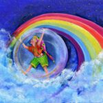 Alt-tekst Kabouter in kleurrijke kleding zwevend in een luchtbel boven wolken met een regenboog op de achtergrond.