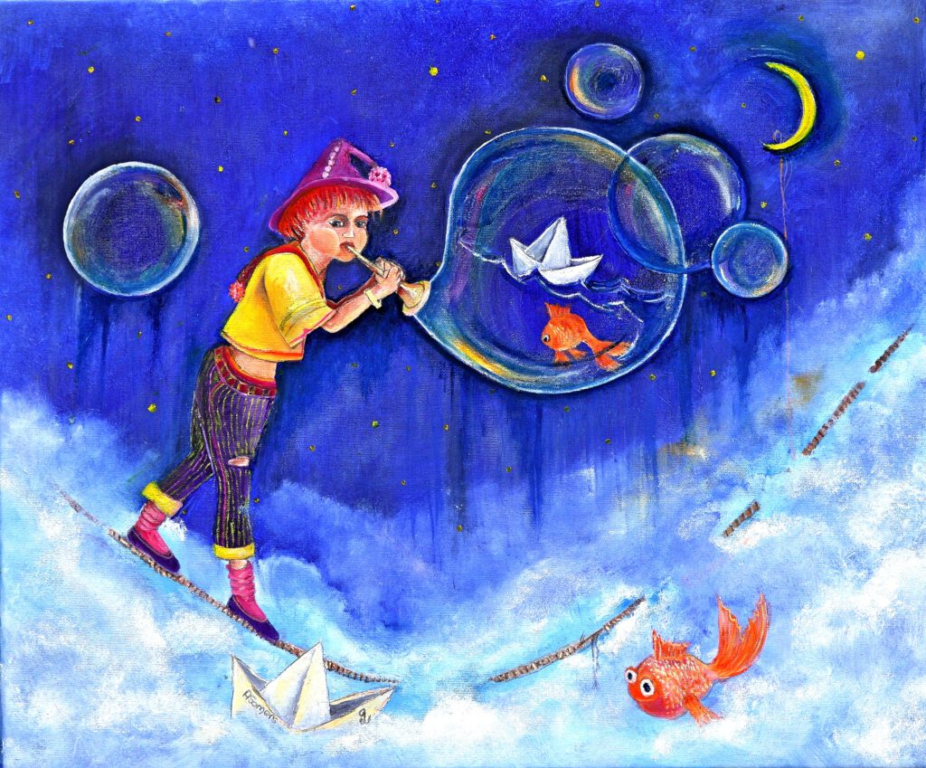 Kabouter Dream loopt op een slap koord boven de wolken en speelt op een toeter met een goudvis en papieren hoedje in de lucht