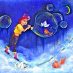 Kabouter Dream loopt op een slap koord boven de wolken en speelt op een toeter met een goudvis en papieren hoedje in de lucht