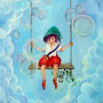 Kabouter Happy schommelt in de wolken en speelt op een toeter met een lantaarntje aan de schommel