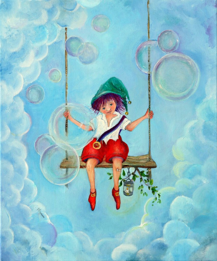 Kabouter Happy schommelt in de wolken en speelt op een toeter met een lantaarntje aan de schommel