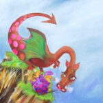 Een vrolijk Twinkelschilderij met moeder-draak bij haar nest. Een mooie wanddecoratie voor de kinderkamer.