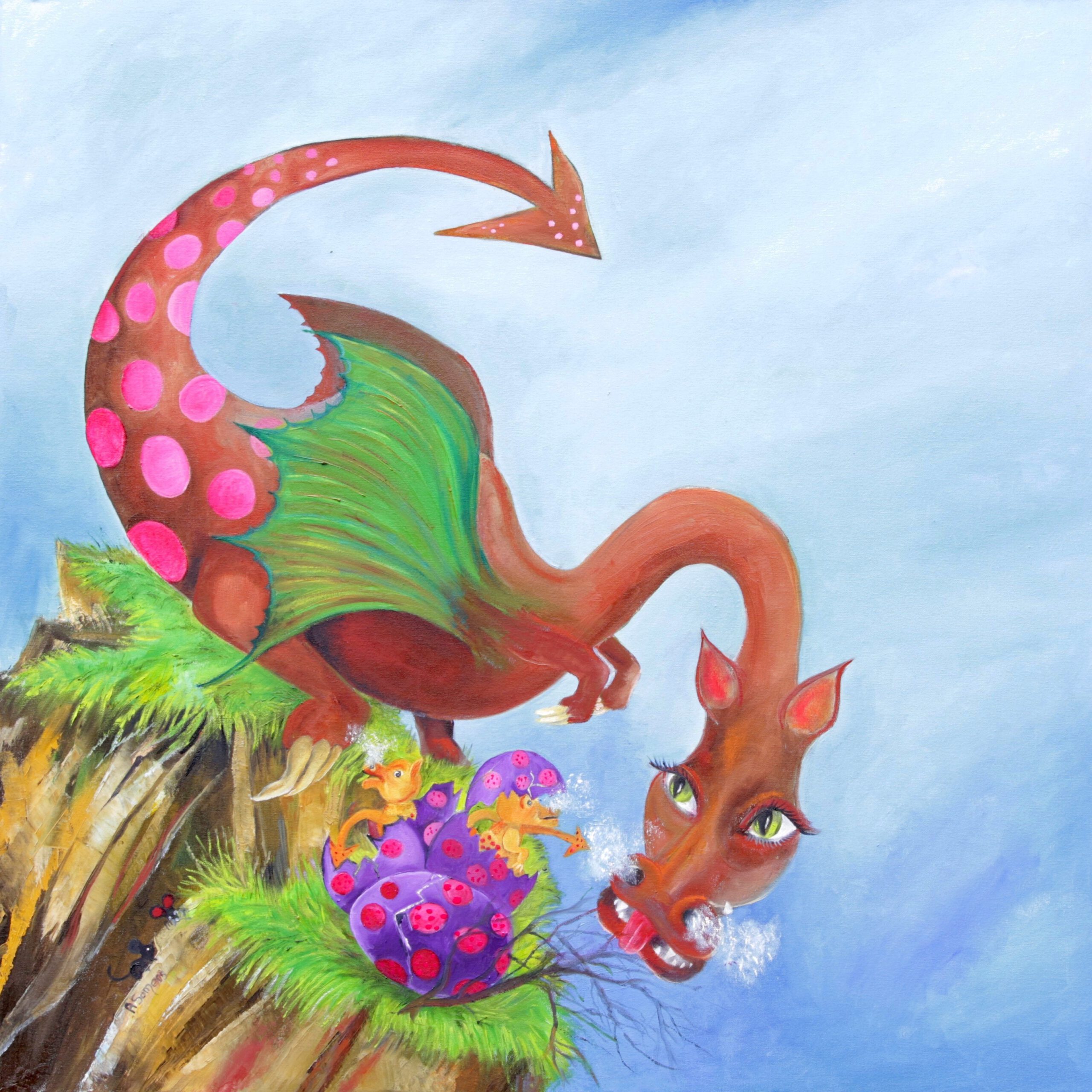 Een vrolijk Twinkelschilderij met moeder-draak bij haar nest. Een mooie wanddecoratie voor de kinderkamer.