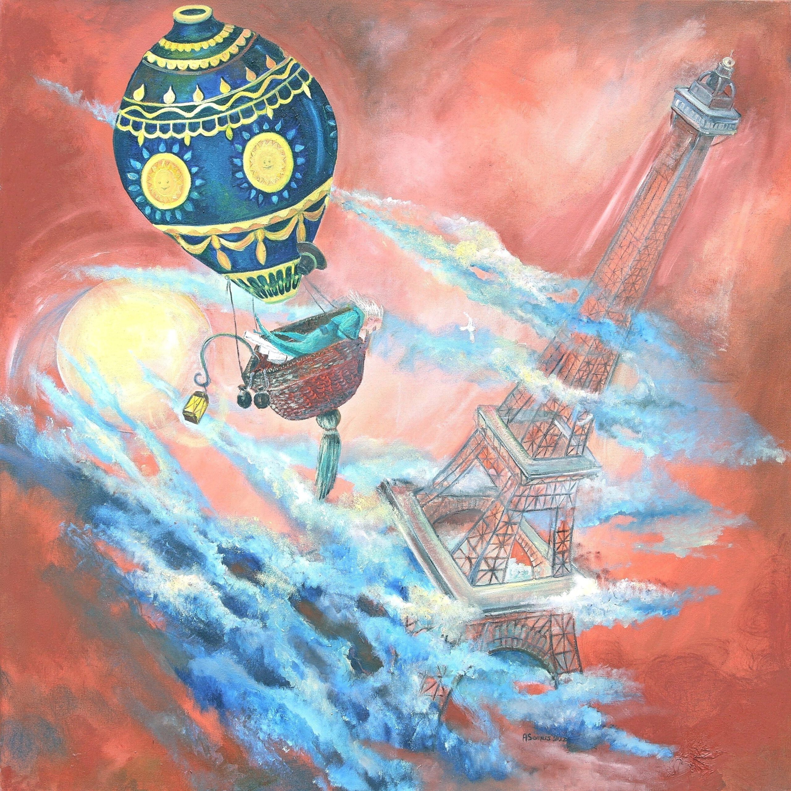 De eerste luchtballon vliegt boven Parijs. Een mooie wanddecoratie voor je interieur of kinderkamer.