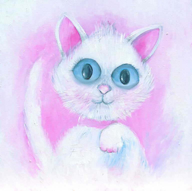 kinderkamer schilderij wit poesje blauwe ogen roze achtergrond babykamer muurdecoratie kat