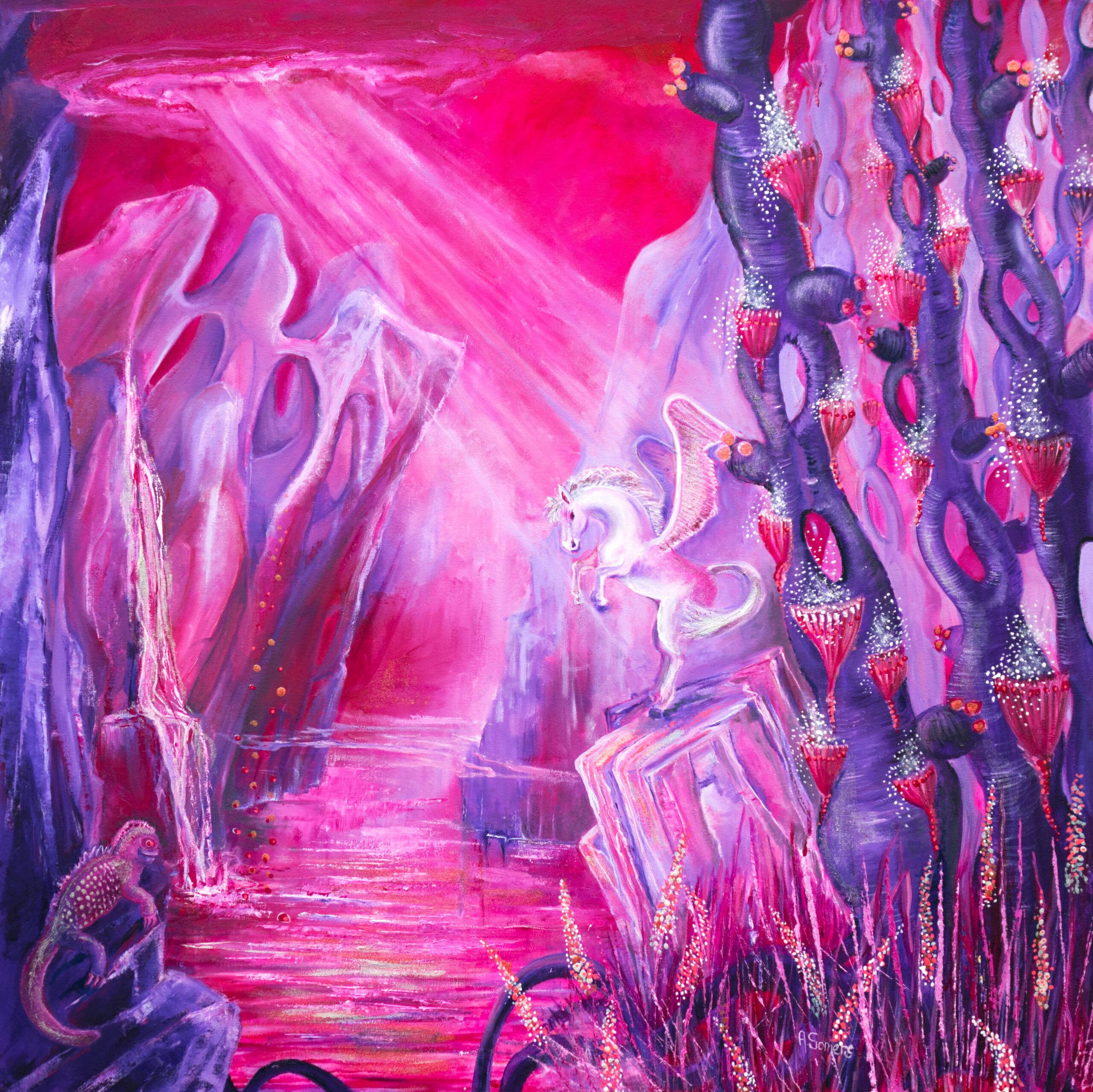 Steigerende Pegasus Wanddecoratie, Unicornkamer- Roze tinten geschilderd. Van Twinkelschilderijen