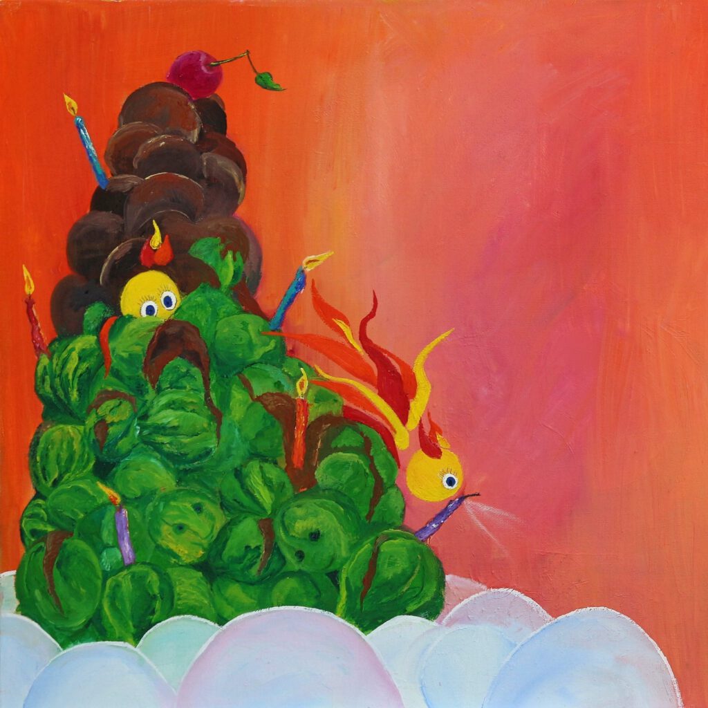 Handgeschilderd kinderschilderij van Ollie en een maanmannetje die naar een slagroomtaart met brandende kaarsjes vliegen tegen een warme oranje achtergrond