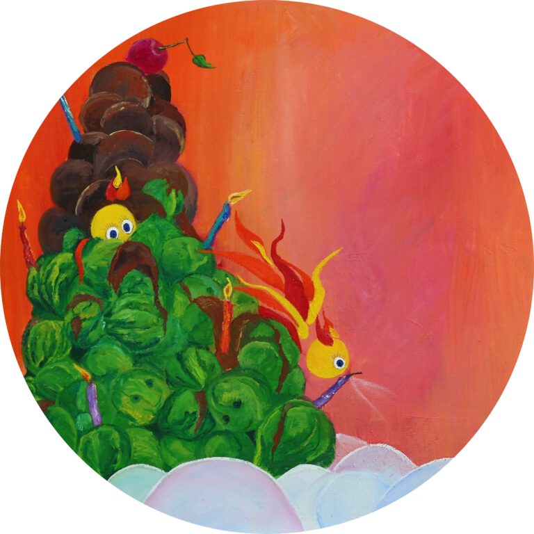 Handgeschilderd kinderschilderij van Ollie en een maanmannetje die naar een slagroomtaart met brandende kaarsjes vliegen tegen een warme oranje achtergrond.