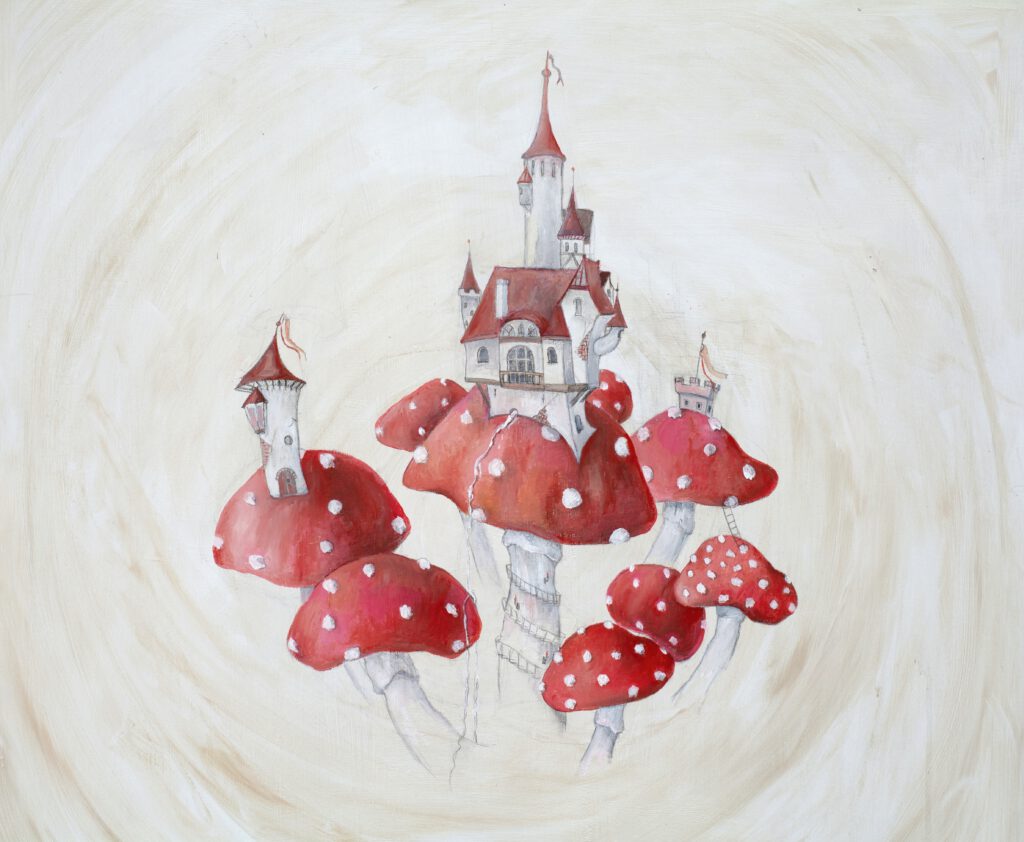 Sprookjesachtig kinderschilderij met rood-witte paddenstoelen, een magisch kasteel en torentjes in zachte beige, grijze en rode tinten.