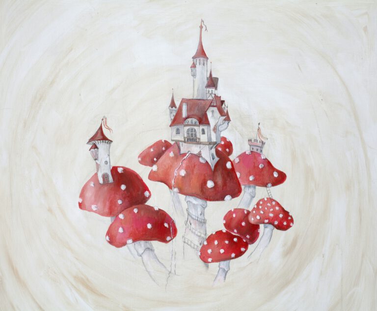 Sprookjesachtig kinderschilderij met rood-witte paddenstoelen, een magisch kasteel en torentjes in zachte beige, grijze en rode tinten.